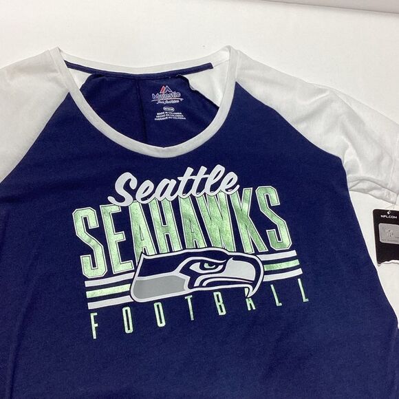 Seattle Seahawks Women's T-Shirt M Majestic Brand Blue and White NWT - Picture 8 of 11